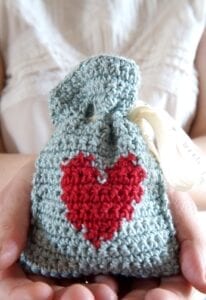 Light blue valentine's day gift bag with a red heart on the front. It is being held with both hands