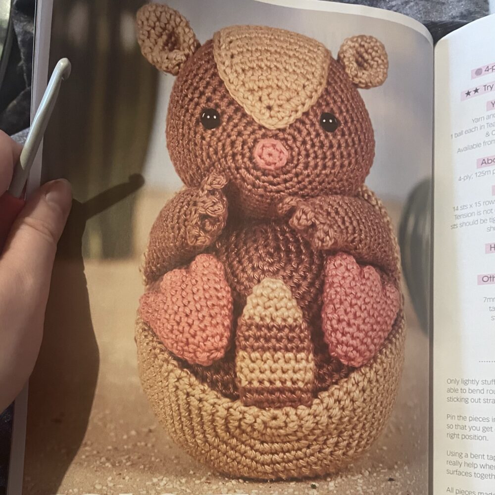 Image from a magazine with a crochet armadillo rolled up into a ball